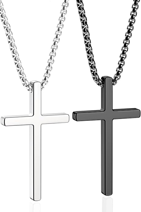 Romass 2 Pcs Cross Necklace for Men Boys,Stainless Steel Pendant Silver Black Gold Crosses Chain Jewelry Gifts Box 16-30 inches