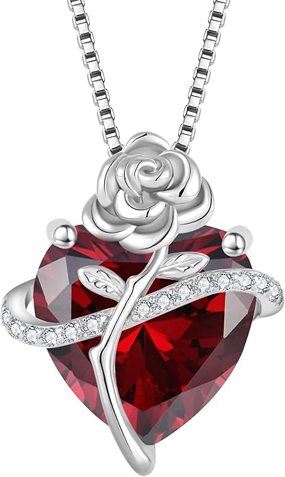 Birthstone Necklace for Women 925 Sterling Silver Love Heart Rose Flower Necklace Dainty Jewelry Gifts for Women Wife Girlfriend Mother Daughter Her