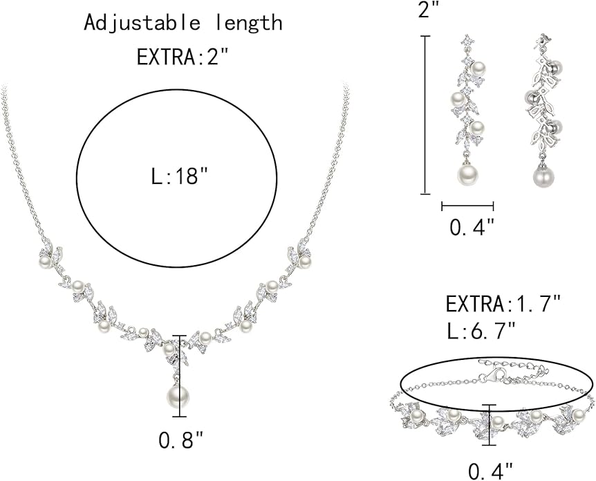 EleQueen Women's Simulated Pearl Wedding Jewelry Set, Cubic Zirconia Marquise Floral Bridal Necklace Earrings Bracelet Sets