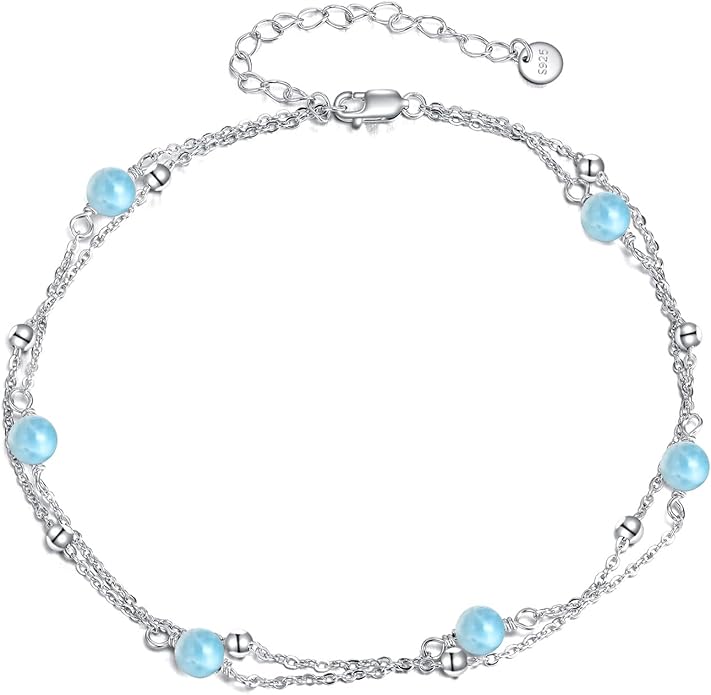 CRMAD Pearl/Moonstone/Larimar/Turquoise/Opal/Black Onyx Bracelet Anklet for Women Sterling Silver Beach Jewelry Gift for Women