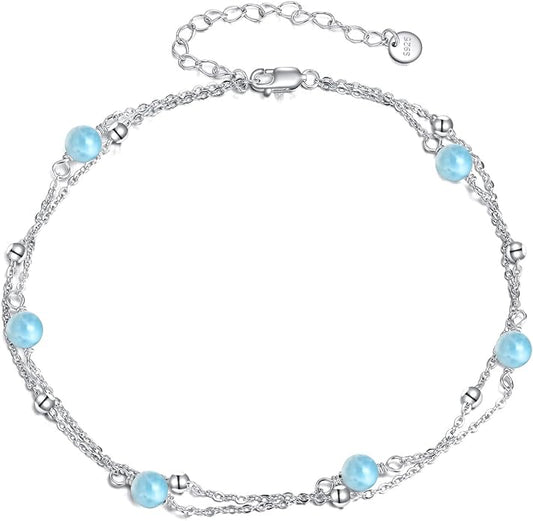 CRMAD Pearl/Moonstone/Larimar/Turquoise/Opal/Black Onyx Bracelet Anklet for Women Sterling Silver Beach Jewelry Gift for Women