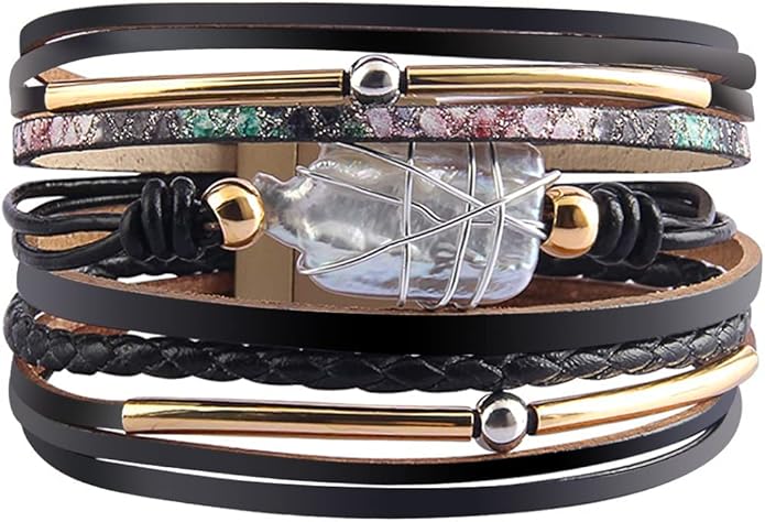 Fesciory Leopard Bracelet for Women, Boho Leather Wrap Multi-Layer Pearl Crystal Bracelet Bangle Jewelry