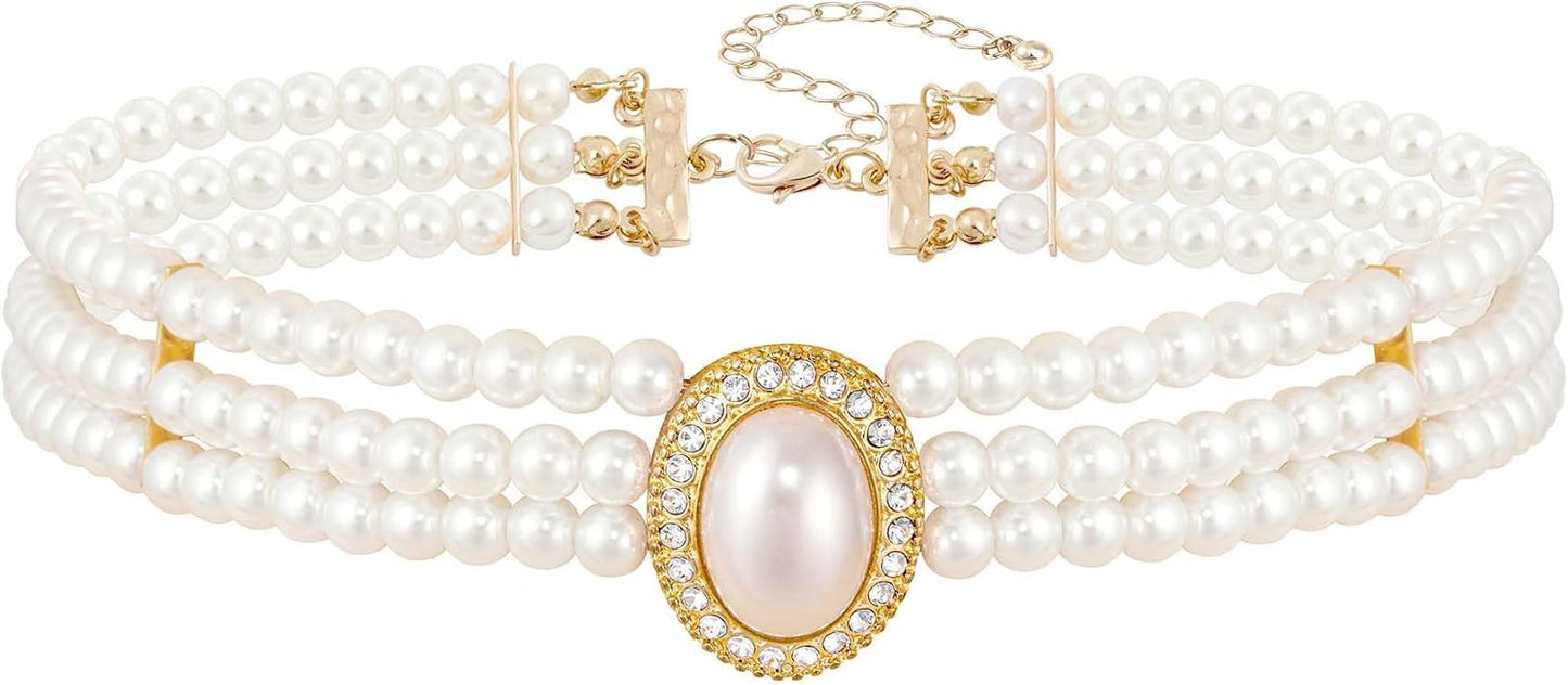 BABEYOND Round Imitation Pearl Choker Necklace Multi Strands Choker 20s Flapper Necklace Accessories for Gatsby Themed Party