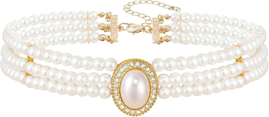 BABEYOND Round Imitation Pearl Choker Necklace Multi Strands Choker 20s Flapper Necklace Accessories for Gatsby Themed Party