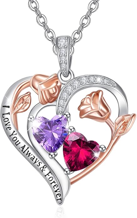 Zeuslia Double Birthstone Necklace Gifts for Wife - 925 Sterling Silver Sunflower/Rose/Crown Cross/Compass/Heart Pendant I Love You Necklace, Anniversary Birthday Gifts for Wife Girlfriend Mom Her
