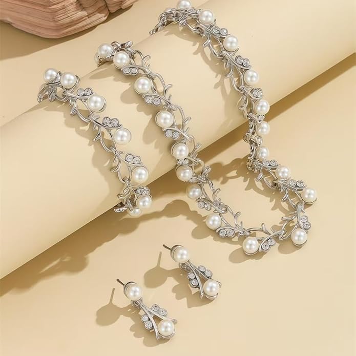la luen Pearl Bride Wedding Jewelry Set Faux Pearls Crystal Rhinestone Necklace Earrings Bracelet Sets for Women Bridesmaid(3 PCS)