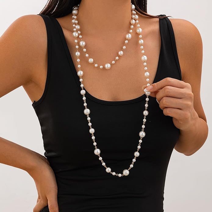 Long Pearl Necklaces for Women Pearl Long Chain Necklace Dainty Gold And Long Pearl Necklaces Layered Pearl Necklace Statement Sweater Strand Chain Jewelry