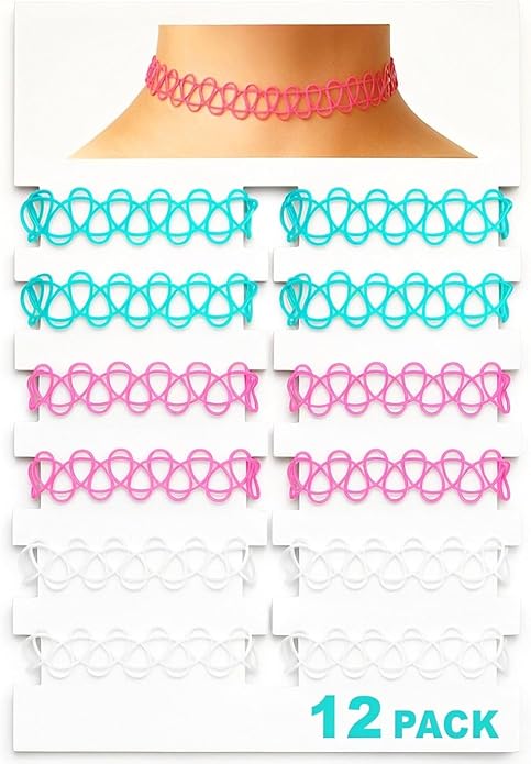 BodyJ4You 12PC Tattoo Choker Necklace - 90s Accessories 2000s Jewelry Y2K Fashion Vintage Trendy - Rainbow Goth Black Pink Green Blue White - Adjustable Stretchy Elastic Necklace Summer Vacation Set