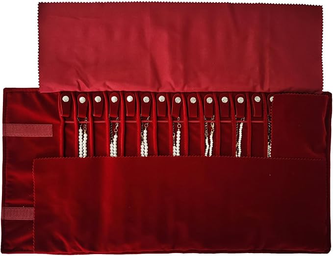 SCIKHEFT Portable Jewelry Roll Untangled Secure Necklace Travel Storage Bag Displays Holder 16 Chain (Burgundy)
