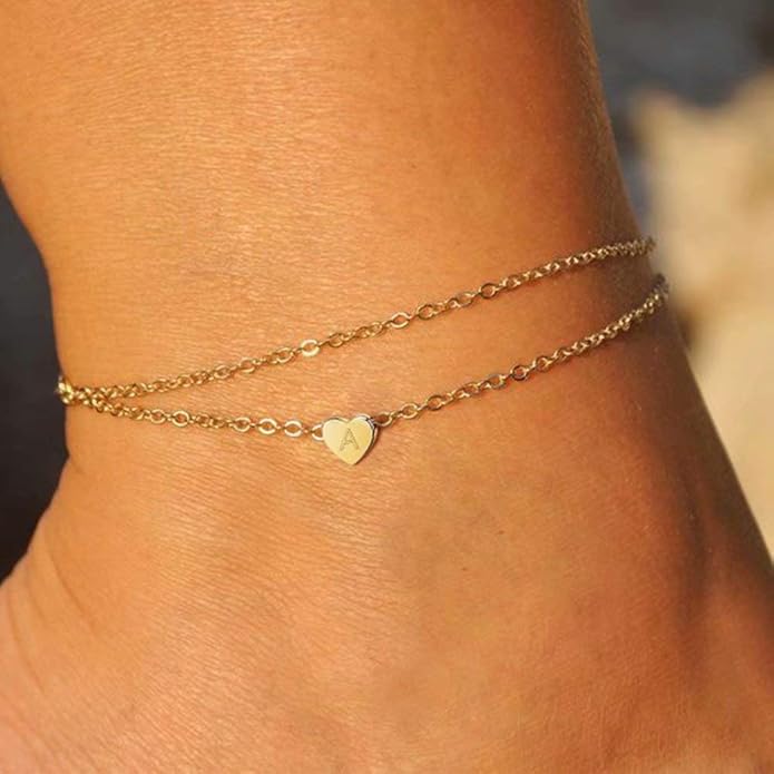 Turandoss Heart Initial Ankle Bracelets for Women, 14K Gold Filled Handmade Dainty Layered Anklet Letter Initial Heart Ankle Bracelets for Women Beach Jewelry Gifts