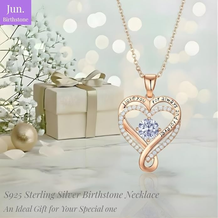 Birthstone Infinity Heart Necklace for Women Wife Girlfriend Mom Daughter Gifts S925 Silver Jewelry For Anniversary Rose Gold Gifts For Birthday Christmas Mothers Valentines Day