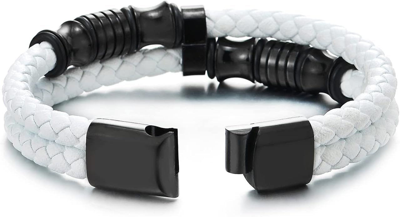COOLSTEELANDBEYOND Mens Double-Row Braided Leather Bracelet Bangle Wristband with Stainless Steel Ornaments