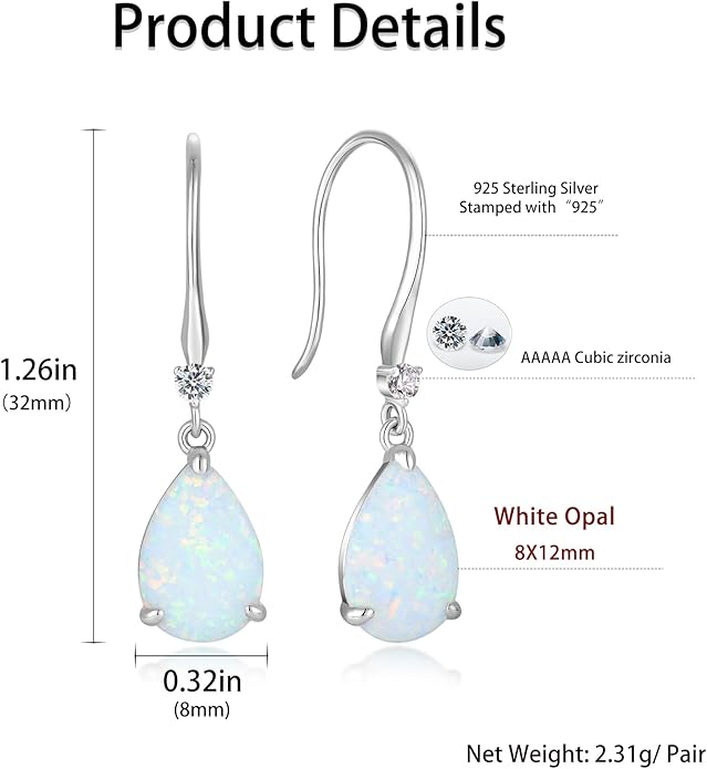 Opal Earrings 925 Sterling Silver Hook Drop Teardrop Gemstone Earrings October Birthstone Dangle Earrings Jewelry Gift for Women