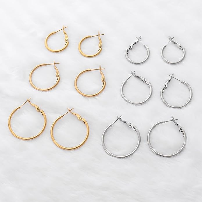 6 Pairs Gold Silver Hoop Earrings for Women, 14K Gold Plated Stainless steel Hoop Earring for Women, Lightweight Hypoallergenic Dainty Hoop Earrings Set