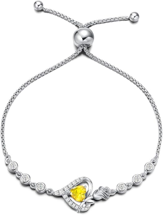 AGVANA Rosy Reverie Birthstone Bracelet for Women Sterling Silver Genuine or Created Gemstone Tennis Bracelet Rose Heart Jewelry Anniversary Birthday Gifts for Women Mom Wife Her