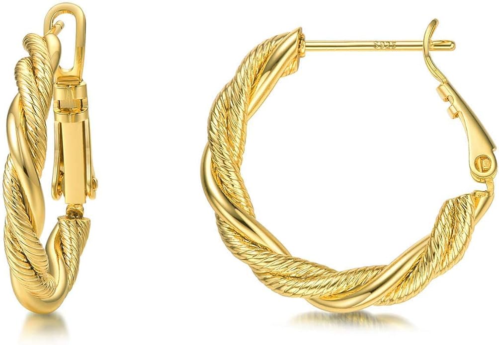 AllenCOCO Gold Hoop Earrings for Women, 18K Gold Plated Twisted Rope Design, Textured Thin Round Hoops with Sterling Silver Post Hypoallergenic 20-70mm
