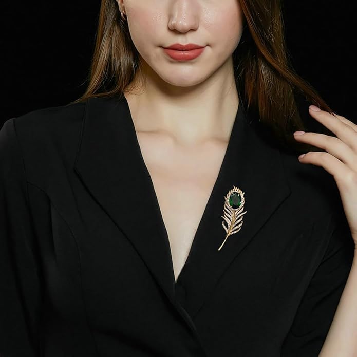 14K Gold Feather Brooch Pin with Moissanite Inlay - Elegant Coat and Suit Accessory for Women, Fashionable Business Attire Enhancement