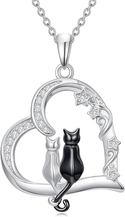 Cat Gifts for Women 925 Sterling Silver Heart Moon Cat Necklace Pendant Women Jewelry Halloween Christmas Gifts