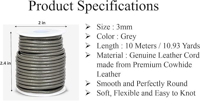 GENIQUE Real/Genuine Round Leather String Cord for Necklace, Bracelets, Jewelry, Kumihimo Braiding, DIY Projects (10 Metres) (3mm, Grey)