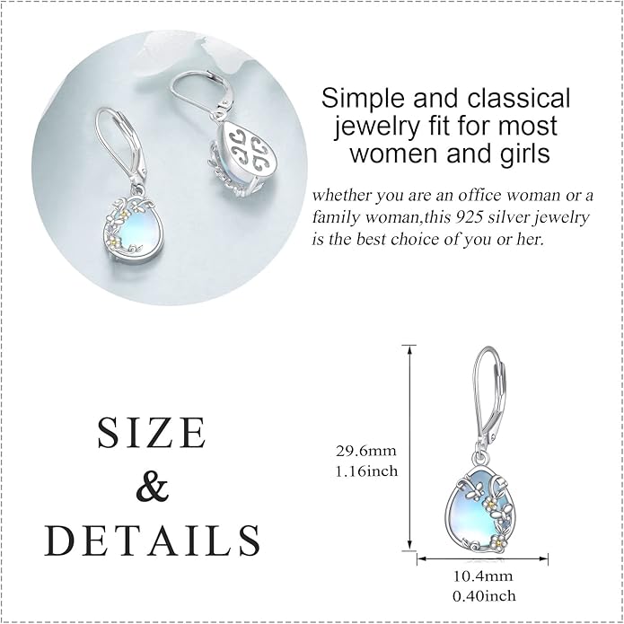 Moonstone Filigree Drop Dangle Teardrop Earrings 925 Sterling Silver Moonstone Leverback Earrings for Women Jewelry Gifts