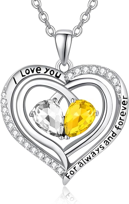 Zeuslia Double Birthstone Necklace Gifts for Wife - 925 Sterling Silver Sunflower/Rose/Crown Cross/Compass/Heart Pendant I Love You Necklace, Anniversary Birthday Gifts for Wife Girlfriend Mom Her