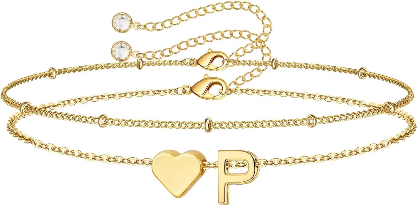M MOOHAM Christmas Gifts for Grandkids Teens Girls -14K-Gold-Plated Heart Initial Bracelets for Women Girl Dainty Gold Bracelets Birthday Gift Stocking Stuffers for Women Teenage Girls Kids Gifts