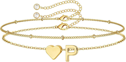 M MOOHAM Christmas Gifts for Grandkids Teens Girls -14K-Gold-Plated Heart Initial Bracelets for Women Girl Dainty Gold Bracelets Birthday Gift Stocking Stuffers for Women Teenage Girls Kids Gifts