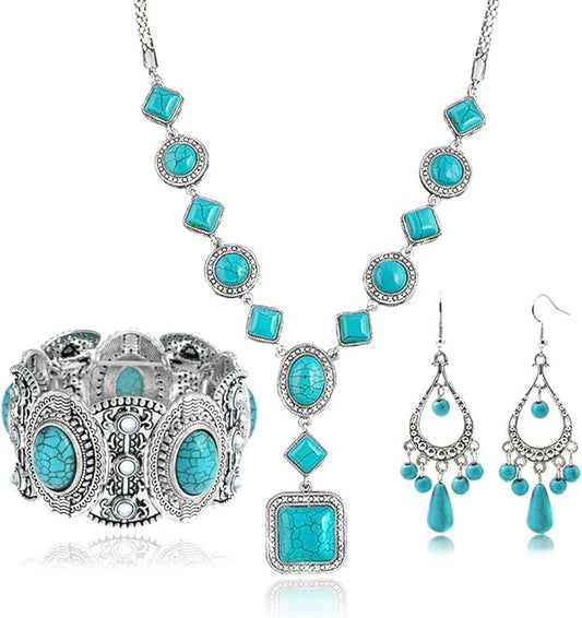 Bohemian Turquoise Necklace Set - Women's Western Jewelry with Long Choker, Pendant, Dangle Earrings, Layered Bracelets