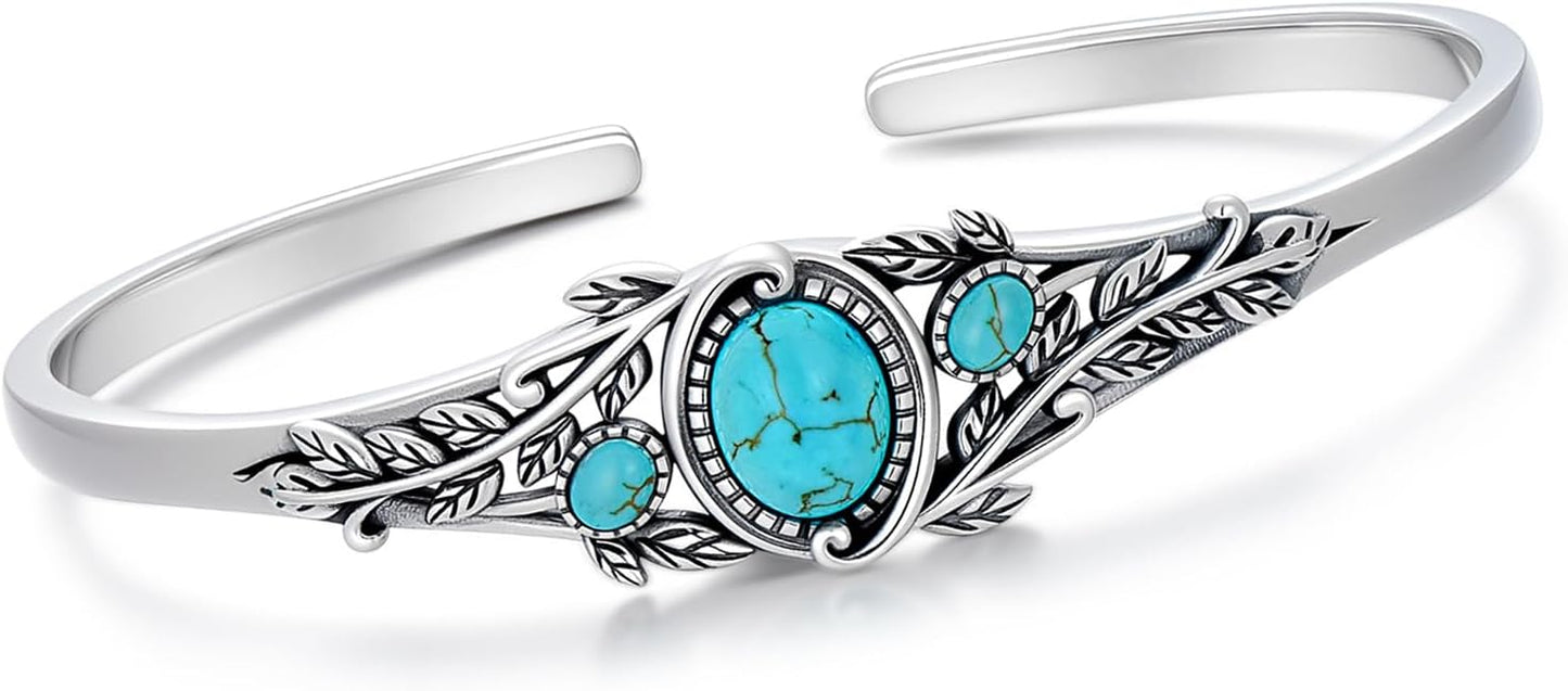 Genuine Turquoise Leaf Boho Bracelet, Sterling Silver Native American Adjustable Bangle Cuff Jewelry for Women, Fit for 6.5 7 7.5 Inches
