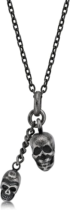 Metro Jewelry Double Skull Necklace for Men in Stainless Steel with Antique Finish on 24 Inch Curb Chain with Lobster Claw