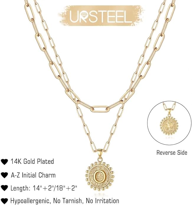 Ursteel Layered Initial Necklaces for Women, 14K-Gold-Plated Dainty Layering Paperclip Chain Necklaces for Women Jewelry