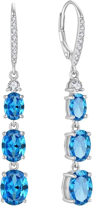 Women 925 Sterling Silver Birthstone 3-stone Leverback Drop Dangle Earrings 5A Cubic Zirconia Jewelry for Her