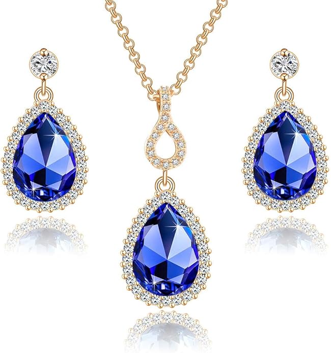Austrian Crystals Teardrop Pendant Necklace Earrings for Women 14K Gold Plated Hypoallergenic Jewelry Set