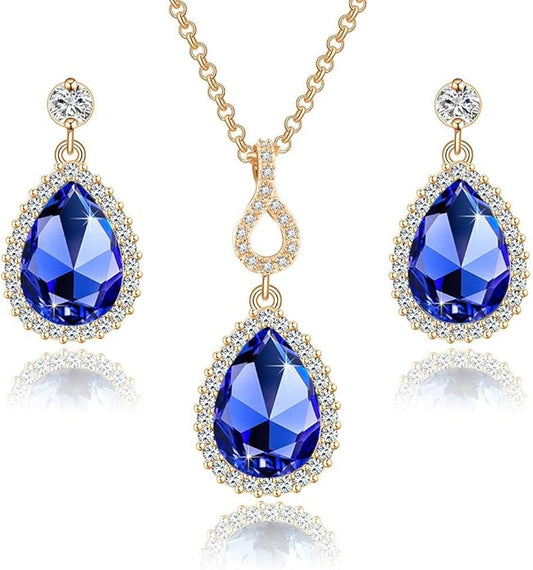 Austrian Crystals Teardrop Pendant Necklace Earrings for Women 14K Gold Plated Hypoallergenic Jewelry Set