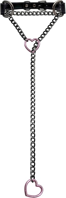 Black Leather Choker Collar For Women, Handmade Heart Slip Chain Choker Long Necklace with Adjustable Buckle