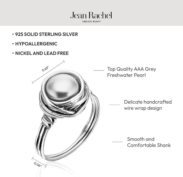 JEAN RACHEL JEWELRY 925 Sterling Silver Ring with Fresh Water Pearl Wire Wrap Vintage Design - Hypoallergenic, Nickel & Lead-free - Artisan Handcrafted Statement Rings for Women
