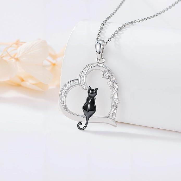 Cat Gifts for Women 925 Sterling Silver Heart Moon Cat Necklace Pendant Women Jewelry Halloween Christmas Gifts