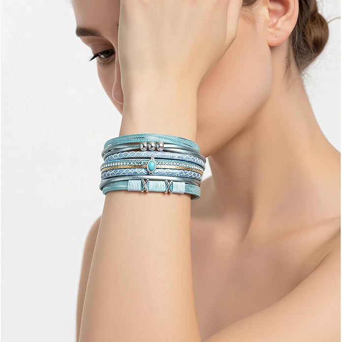 Edoneery Leather Wrap Bracelet for Women, Boho Handmade Multi-Layer Cuff with Crystal Beads Heart, Stackable Bangle Western Jewelry Gift