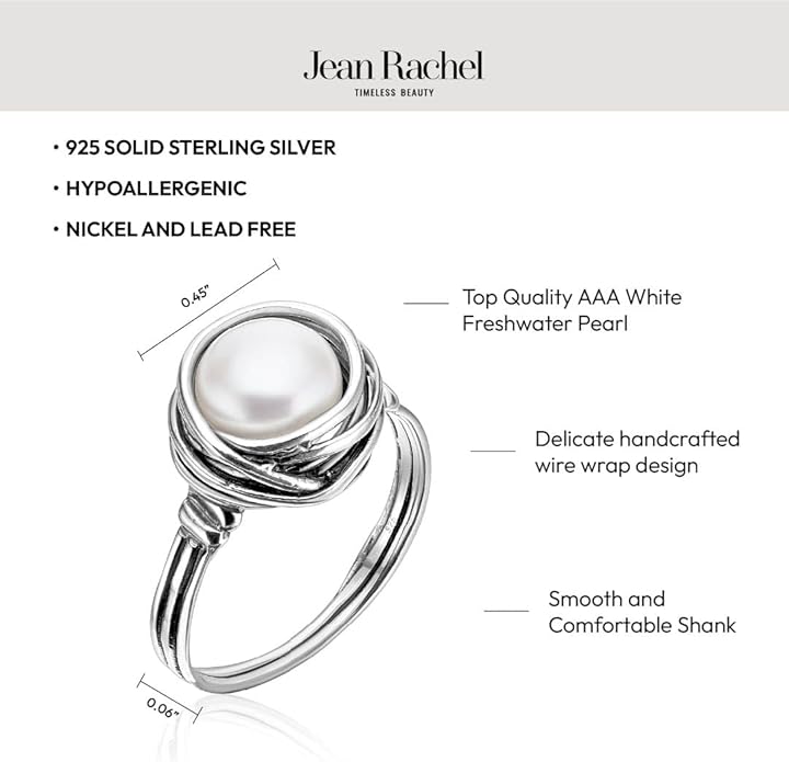 JEAN RACHEL JEWELRY 925 Sterling Silver Ring with Fresh Water Pearl Wire Wrap Vintage Design - Hypoallergenic, Nickel & Lead-free - Artisan Handcrafted Statement Rings for Women