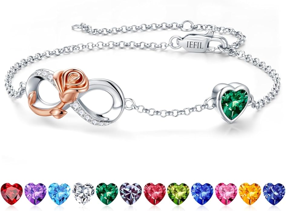 Iefil Infinite Rose Birthstone Bracelet for Women, 925 Sterling Silver Charm Link Birthstone Bracelet, Anniversary Birthday Gifts for Women, Mothers Day Valentines Christmas Gifts for Wife Girlfriend