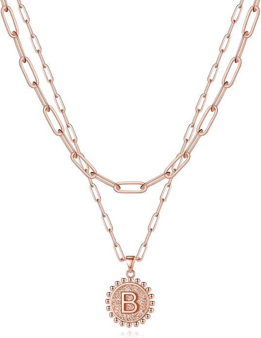 Yoosteel Gold Initial Necklaces for Women, 14K Gold Plated Dainty Layering Paperclip Link Chain Necklace Coin Initial Layered Necklaces for Women Personalized Birthday Gifts