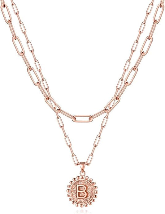 Yoosteel Gold Initial Necklaces for Women, 14K Gold Plated Dainty Layering Paperclip Link Chain Necklace Coin Initial Layered Necklaces for Women Personalized Birthday Gifts