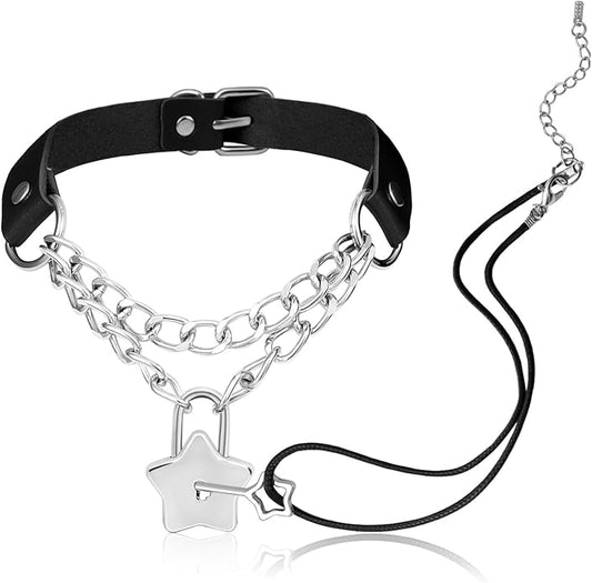 MILAKOO PU Leather Punk Choker Necklaces Circle/Heart Charm Adjustable Collar Necklace for Women