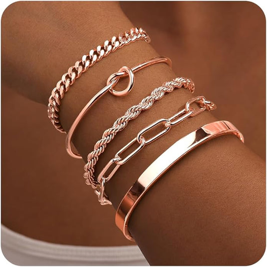 Gold Bracelets for Women Non Tarnish, 14K Gold Plated Chunky Cuff Bracelet Gold Bangles Bracelet for Women Trendy Tie Knot Cuban Rope Paperclip Beaded Bracelet Stack Jewelry Gifts