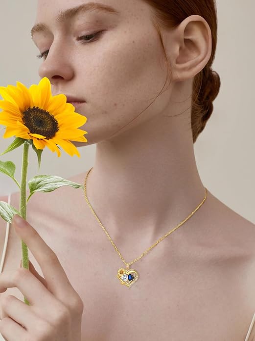 Sunflower Heart Necklace for Women 14K Gold Exquisite Anniversary Birthday Gifts for Wife Mother Her Double Birthstone Pendant jewelry‘You Are My Sunshine’