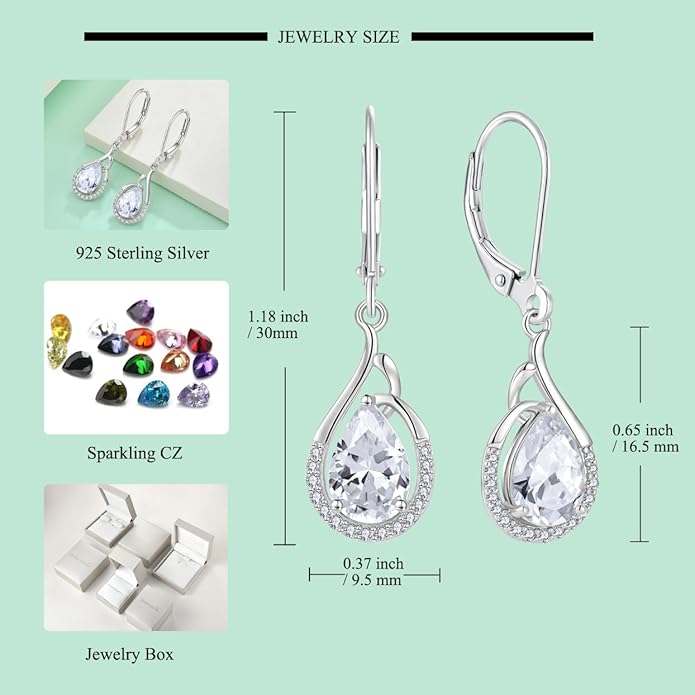 Starchenie Teardrop Dangle Drop Earrings 925 Sterling Silver Pear Birthstones Leverback Earrings Gift for Women
