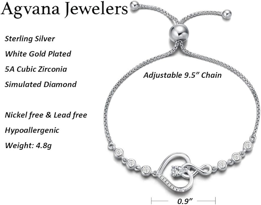AGVANA Heart Birthstone Bracelets for Women Sterling Silver Genuine or Created Gemstone Tennis Bracelet Infinity Love Jewelry Anniversary Birthday Gifts for Wife Mom Women
