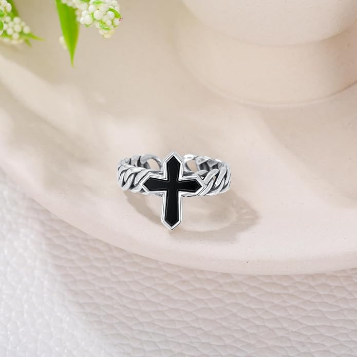925 Sterling Silver Vintage Oxidized Style Black Onyx Adjustable Ring Casual Jewelry Gifts for Women