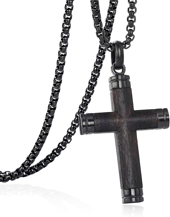 GTMJ Cross Necklace for Men -Stainless Steel & Wood Adjustable Box Chain 24-26in, Spiritual Jewelry Gift for Him, Everyday Wear
