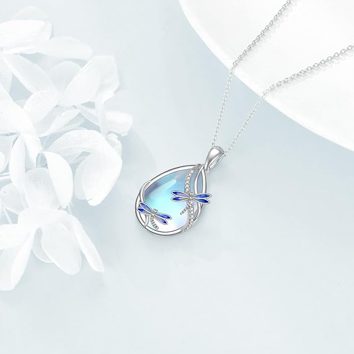 KQF Dragonfly/Butterlfy/Cat/Jellyfish/Bunny/Axolotl/Bee/Mermaid/Hummingbird/Elephant Necklace for Women Sterling Silver Moonstone Pendant Necklace Dragonfly Jewelry Gifts for Women
